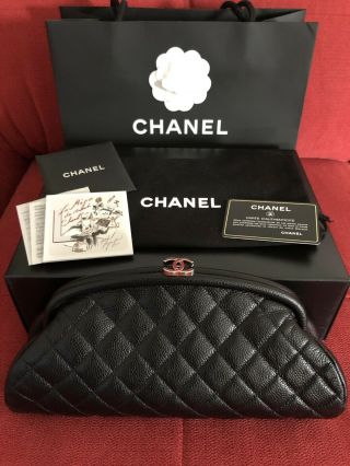 Chanel Caviar Black Leather Quilted Timeless Black Clutch Purse Euc Rare ⭐️