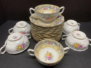 VTG 19TH C.  ROYAL ALBERT VALENTINES BLUE BOW RIBBON FLORAL SAUCERS AND CUP SET 2