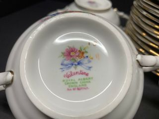 VTG 19TH C.  ROYAL ALBERT VALENTINES BLUE BOW RIBBON FLORAL SAUCERS AND CUP SET 5