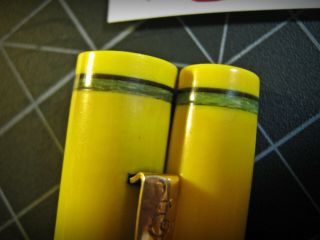 vtg YELLOW Fountain Pen w/ GREEN BANDS 1920s Flex 14K Gold Nib Unique : -) E.  R. 6