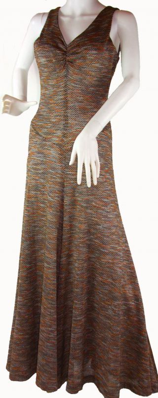 Mary Quant Maxi Evening Dress Sleeveless Lurex Metallic Knit W/brown & Orange S