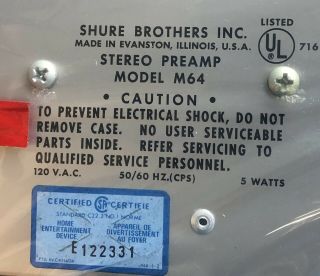Vintage Shure Brothers Stereo Phono Preamp Model M64 USA NIB 4