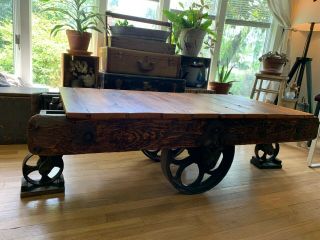 Vintage Wood And Metal Railroad Rail Cart Coffee Table