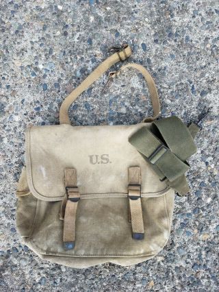 Vtg 1943 Wwii Army Musette Bag Field Military Stencil Pouch Canvas Messenger
