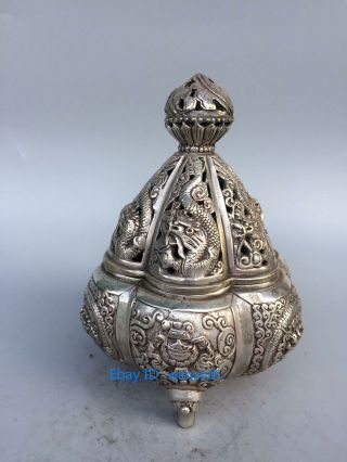 Chinese Ancient Hand - Carved Tibet Silver Dragon Incense Burner W Xuan De Mark