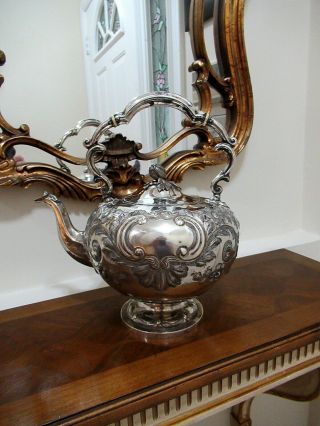 ANTIQUE c 1860 VICTORIAN REPOUSSE SILVER PLATED KETTLE MARTIN HALL & CO. 2