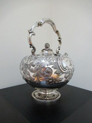 ANTIQUE c 1860 VICTORIAN REPOUSSE SILVER PLATED KETTLE MARTIN HALL & CO. 3