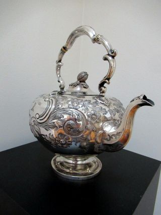 ANTIQUE c 1860 VICTORIAN REPOUSSE SILVER PLATED KETTLE MARTIN HALL & CO. 5