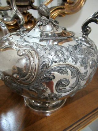 ANTIQUE c 1860 VICTORIAN REPOUSSE SILVER PLATED KETTLE MARTIN HALL & CO. 6