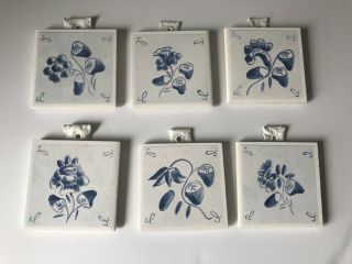 Vintage Antique Decorative Ceramic Tile Hand Painted Flower Blue Set Of 6 3x3