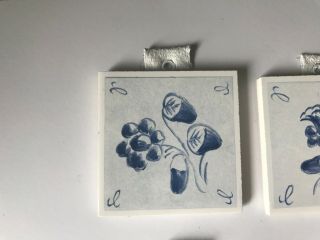 Vintage Antique decorative ceramic tile hand painted flower blue set of 6 3X3 4