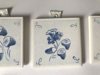 Vintage Antique decorative ceramic tile hand painted flower blue set of 6 3X3 5
