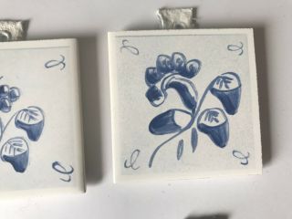 Vintage Antique decorative ceramic tile hand painted flower blue set of 6 3X3 6