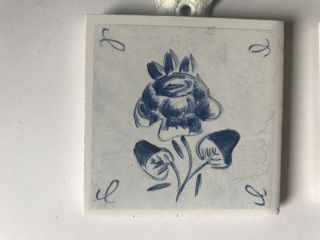 Vintage Antique decorative ceramic tile hand painted flower blue set of 6 3X3 7