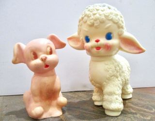 2 Vintage Rubber Squeaky Toys Sun Rubber Co Lamb 1955 & Pink Puppy Dog
