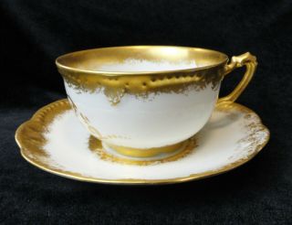 Antique Ak France William Lyett Atlanta Tea Cup & Saucer Monogram Gold On White