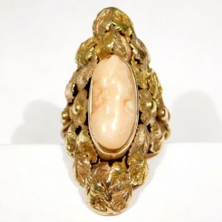 14k Arts And Crafts Coral Cameo Ring Multi Color Gold Leaves