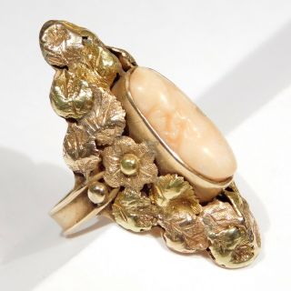 14K ARTS AND CRAFTS CORAL CAMEO RING MULTI COLOR GOLD LEAVES 4