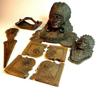 Antique Assembled Cast Iron Bronze Desk Set Inkwell Blotter Clip American Indian