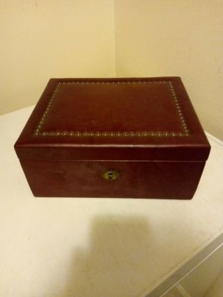 Wooden Leather Jewelry Trinket Box With Brass Beaded Top With Eagle Lock W /key
