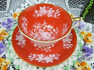 Aynsley White Enamel Rose Floral Orange Tea Cup And Saucer