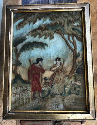 Antique 18th C.  English Needlework Embroidery Pastoral Scene Lovely