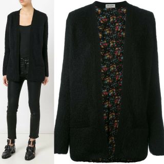 Xl $1,  755 Saint Laurent Black Mohair Wool Vintage Floral Silk Lined Cardigan