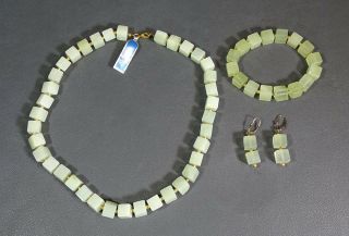 German Natural Jade Gold Sterling Silver Necklace& Bracelet& Earrings Parure Set