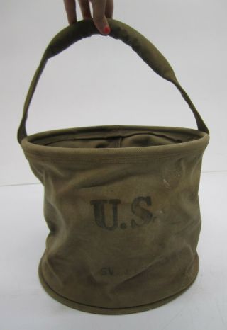 Vtg Wwii Era 1943 Us Military Canvas Collapsible Water Bucket Bag Pail