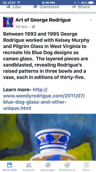 RARE George Rodrigue Pilgrim Blue Dog Vase - Winter Fest Cameo Glass 35 7