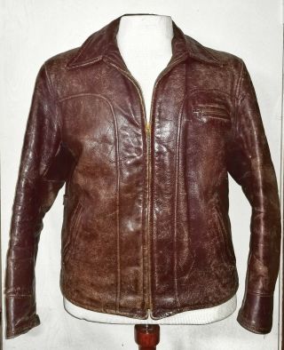 Vtg 1950s Campus Steerhide Half Belted Leather Jacket Size M Chest 44 Inches.