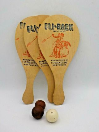 3 Vintage Fli - Back Paddle Ball Games Cowboy Bucking Bronco Wood Paddles