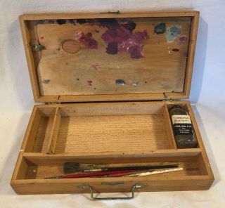 Vintage Wood Artist Storage Box Portable W/brushes & Turpentine Bottle,  Palette