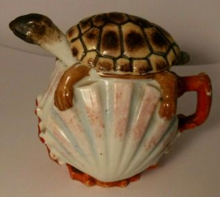 Antique Bisque Porcelain Turtle On Scallop Shells & Coral Condiment Server