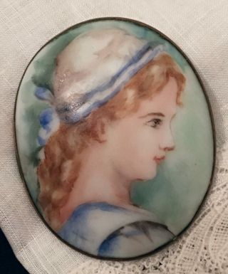 Victorian Portrait Brooch Cameo Hand Painted Porcelain Antique Large Pin Girl