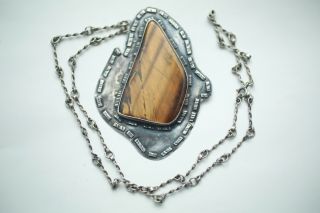 Giant Vintage 925 Sterling Silver Western Native American Tigers Eye Necklace