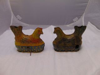 (2) Vintage Baldwin Metal / Tin Hen With Level York 5 1/2 " X 5 " Blue Yellow