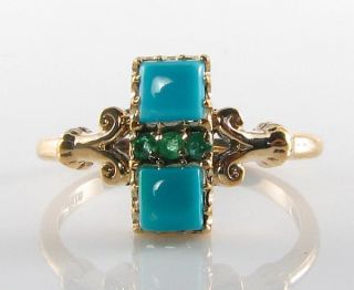 9ct 9k Gold Persian Turquoise & Colombian Emerald Art Deco Ins Ring Resize
