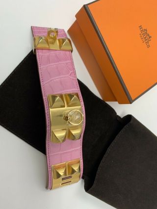 BNIB HERMES Collier De Chien CDC Matte Alligator Pink With Gold Hardware Rare 8