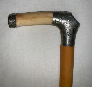 Antique Sterling Silver Handle Walking Stick With Engraved Monogram