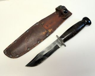 Vintage U.  S.  N.  Mark 1 Knife W/lthr Sheath,  Mfg By Camillus Ny,  Parkerized Blade
