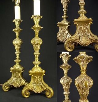 Vintage Hollywood Regency Gold Lamps Set X2 Tall Candle Stick Mid Century Ornate
