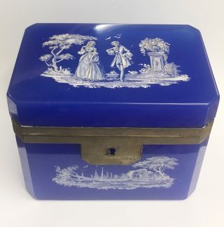 Antique Hand Painted Enamel French Blue Glass Hinged Box Jewelry Casket Opaline