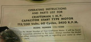 VTG Sears Craftsman 1 HP 8 or 10 inch Table Saw Motor 113.  12200 2