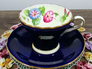 Aynsley Morning Glory Floral Cobalt Blue Corset Tea Cup & Saucer