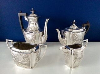 Fabulous Walker And Hall Antique Repousse & Chased 4 Pc Silver Plated Tea Set