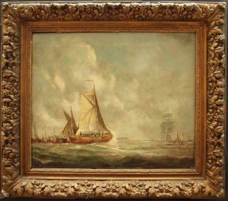 Large 19th Century Dutch In The Port Of Amsterdam Antique Oil Painting