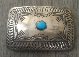 Old Vintage " Stamped " Navajo Kingman Turquoise & Sterling Silver Belt Buckle