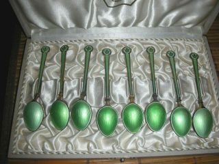 RARE Sterling Silver 925 Guilloche Enamel Spoon Set Norway David Andersen 3