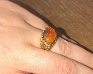 Solid 14k Yellow Gold Orange Mexican Fire Opal Ring Oval Unusual Vintage sz 6.  5 2